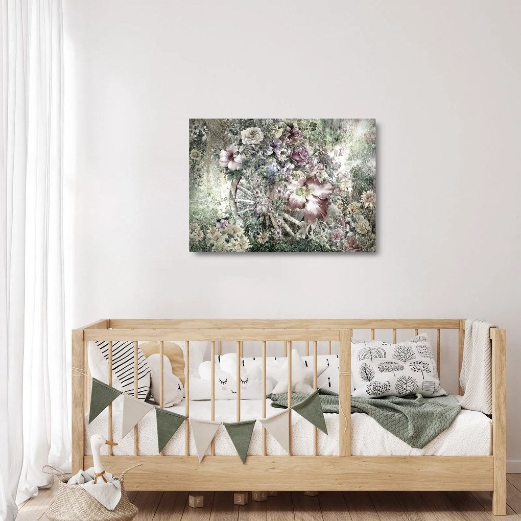 Virágok képe egy fából készült kerékpáron (üvegen) (70x50 cm)
