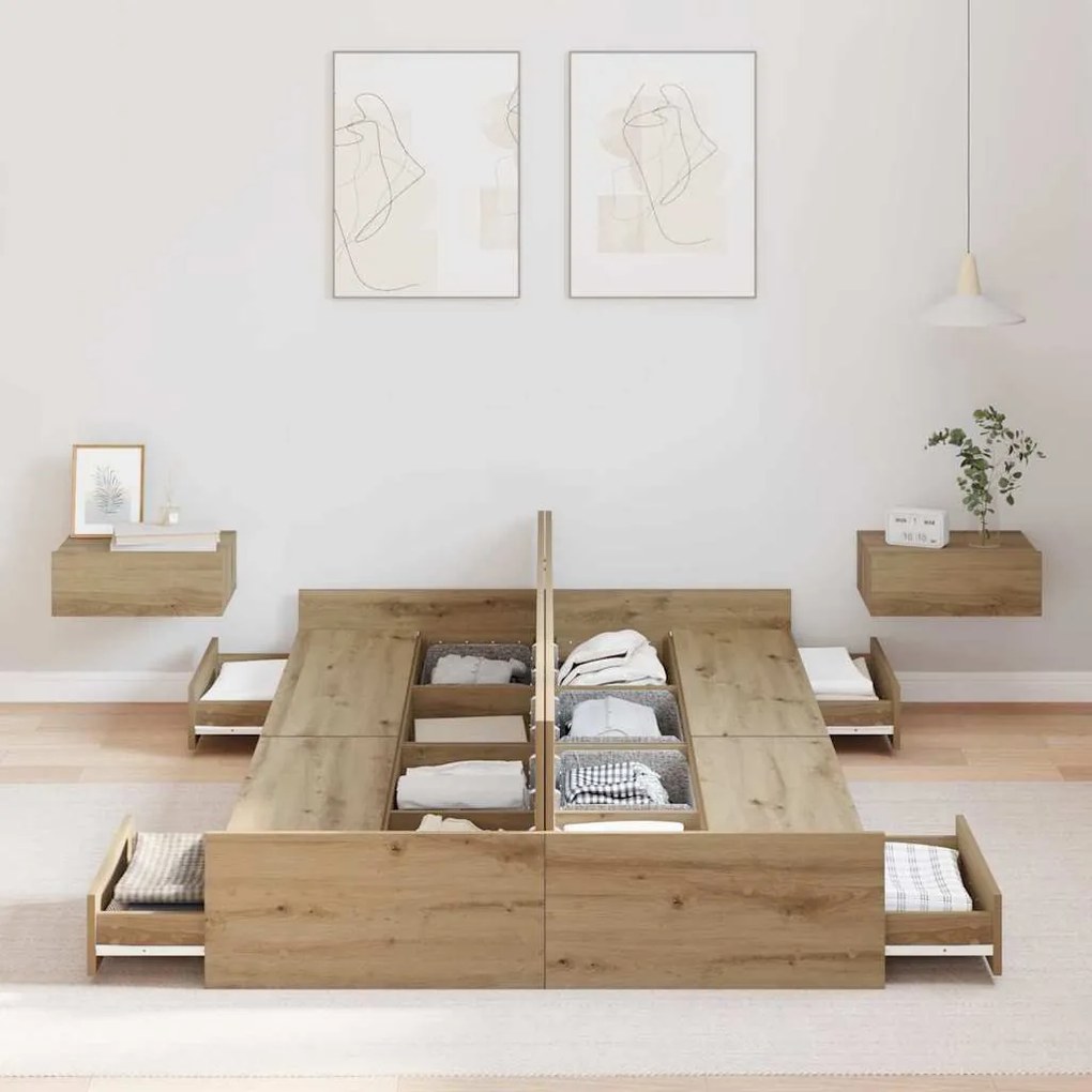 Ágykeret tárolóval fiókkal kézműves tölgy 120 x 190 cm Faanyag