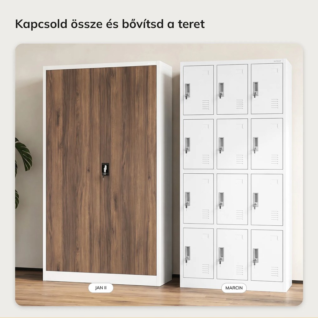 Irodai fém irattározó szekrény fehér / dió: Eco Design JAN II, 1150 x 1850 x 400 mm