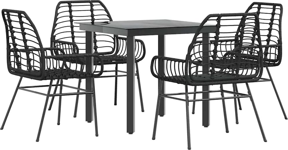 vidaXL 5 részes fekete polyrattan üveg kerti étkezőgarnitúra