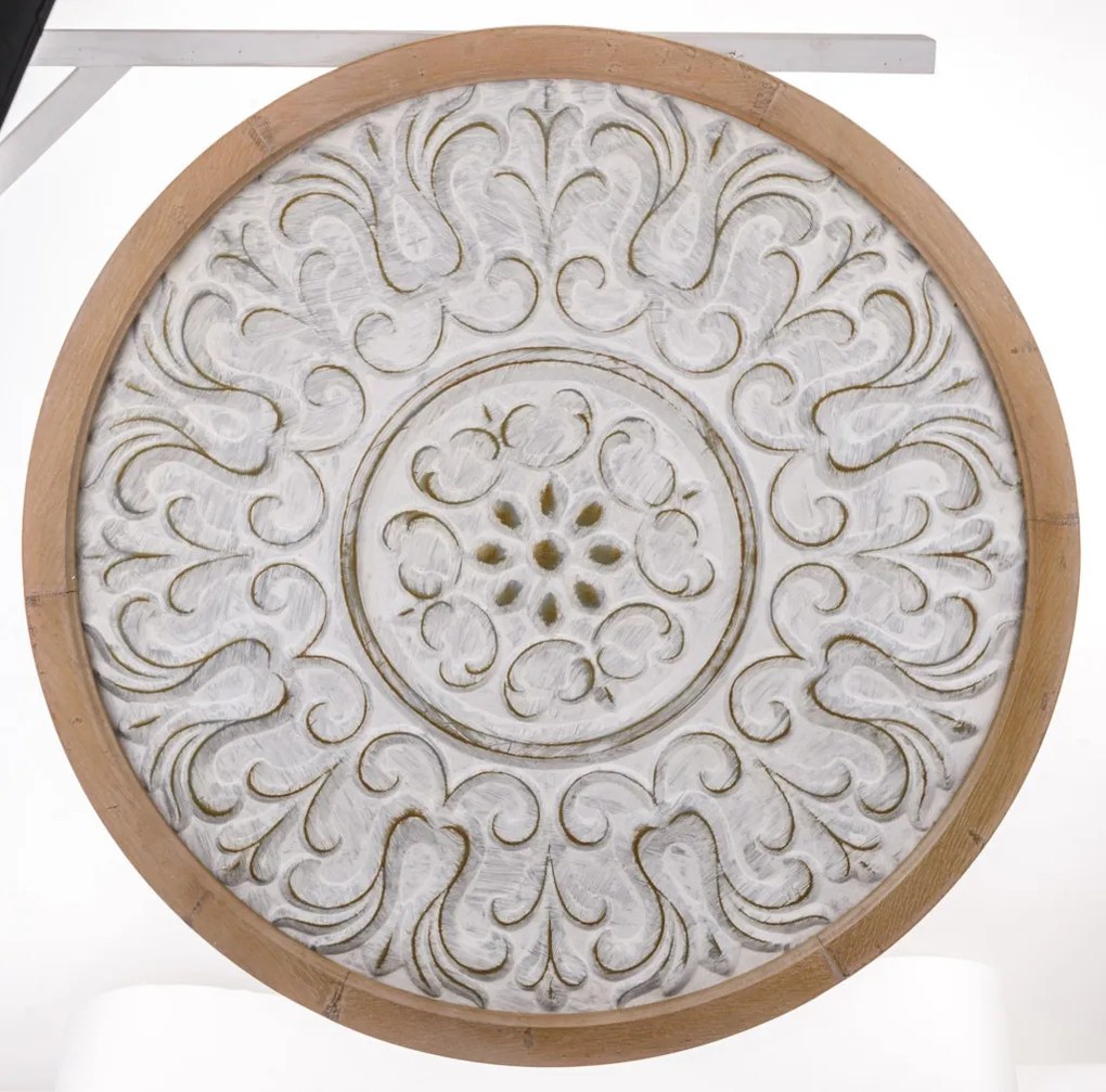 Casa Roma design kör alakú natúrbarna-krémfehér díszesen faragott nagy méretű faldekoráció 91x91x3cm