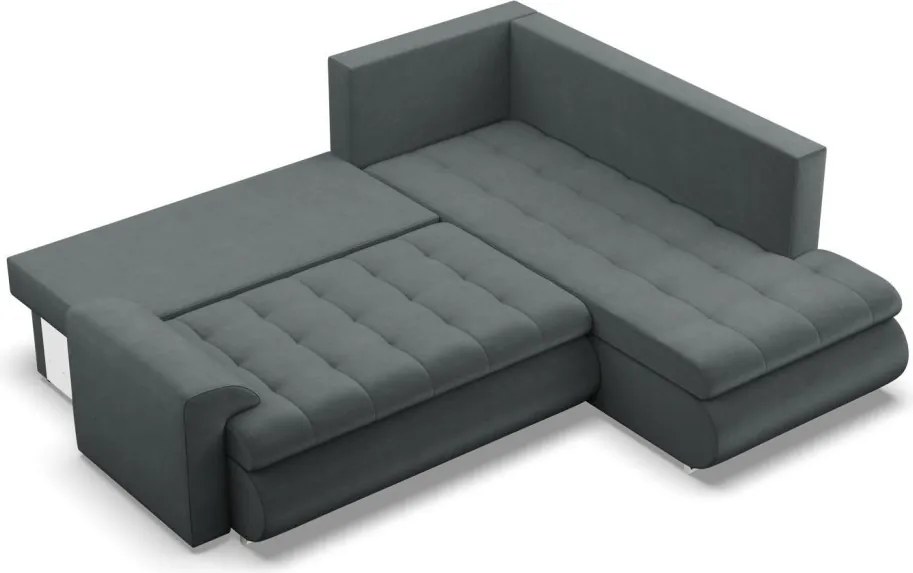 Tokio sarokkanapé, L alakú háttámlával, 2 ágyneműtartóval, bársony, jobboldali, szürke
