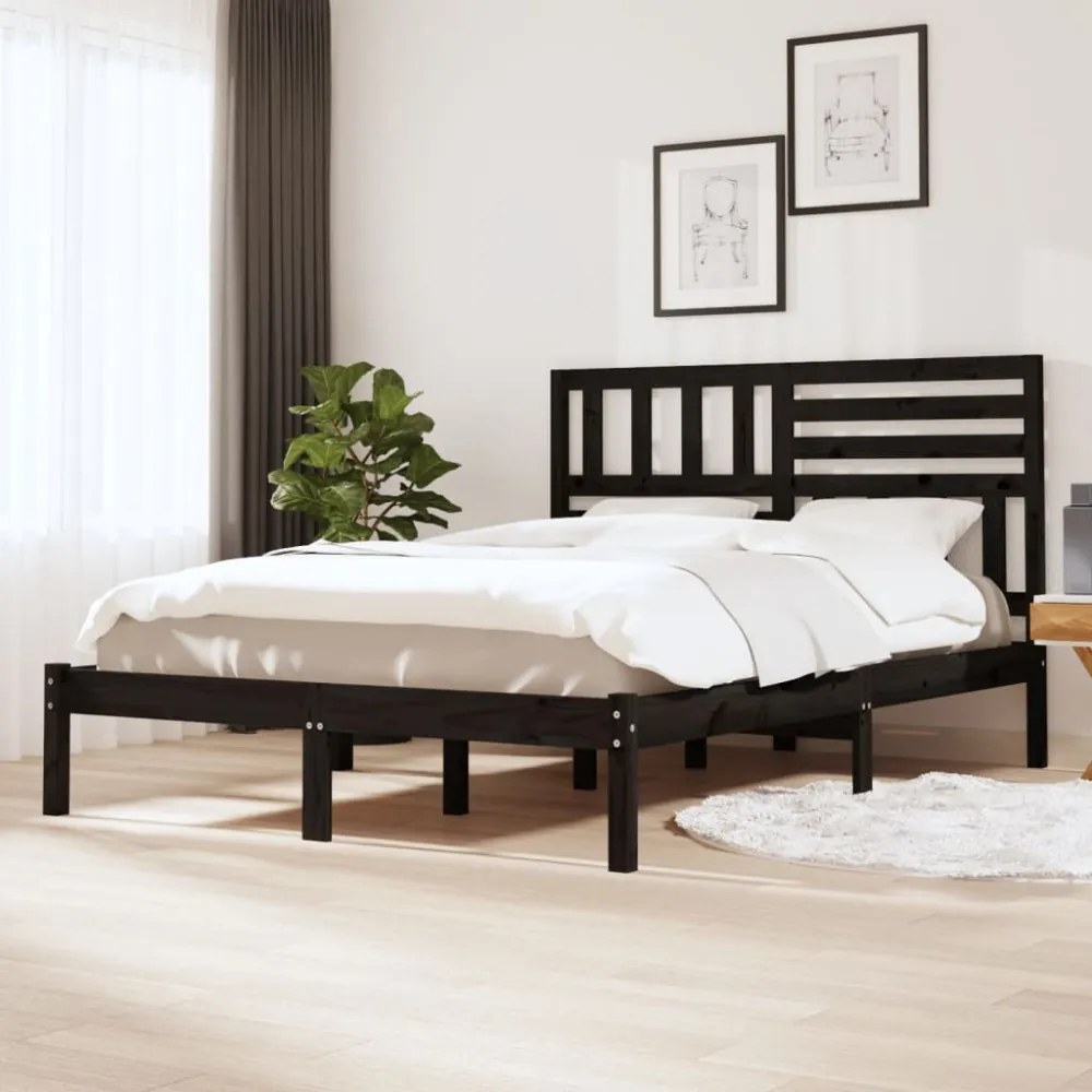 fekete franciaágy tömör fenyőfa ágykeret 150x200 cm