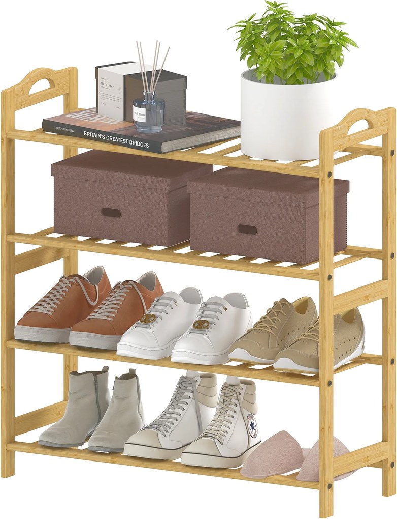 HOMCOM 4-Szinű Bambusz Cipőállvány 12 Pár Cipőhöz Előtérbe, Folyosóba vagy Hálószobába 67.5x24.7x72 cm Természetes Fa | Aosom