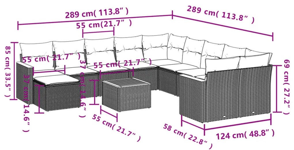 12 részes fekete polyrattan kerti ülőgarnitúra párnákkal