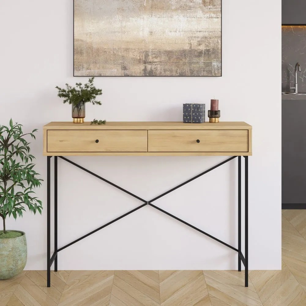 Natúr színű konzolasztal tölgyfa dekoros asztallappal 35x110 cm Titan – Marckeric