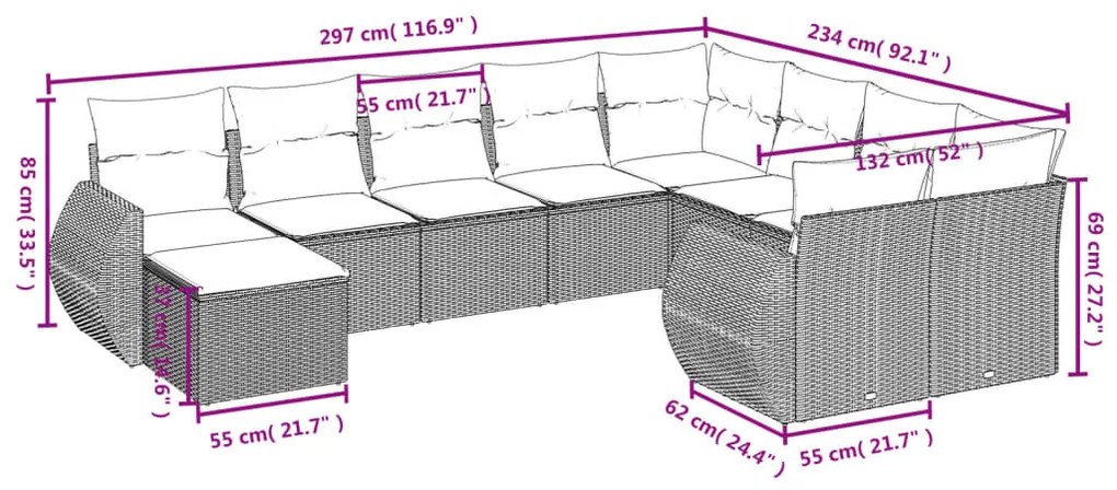10 részes fekete polyrattan kerti ülőgarnitúra párnákkal