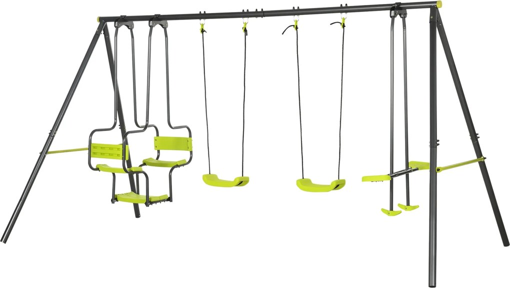 Outsunny Gyerekek Kültéri Hintaállványa 2 Hintával, Forgó Ülésekkel és Acél Vázszerkezettel 3-8 Éveseknek 355x184x186 cm Zöld | Aosom