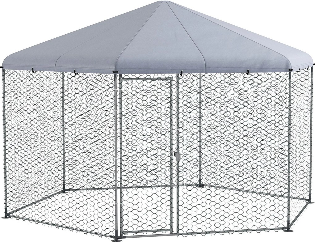 PawHut Szabadon Nevelhető Tyúkól 400 x 346 x 263 cm Acélból, Tyúk Ketrec Fedéllel, Ajtóval, 10-15 Tyúk, Kisebb Állatok és Növények Számára, Ezüst | Ao