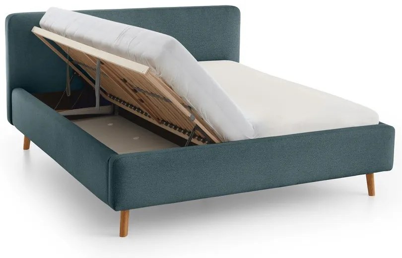 Kékesszürke kárpitozott ágyneműtartós franciaágy ágyráccsal 140x200 cm Mattis – Meise Möbel