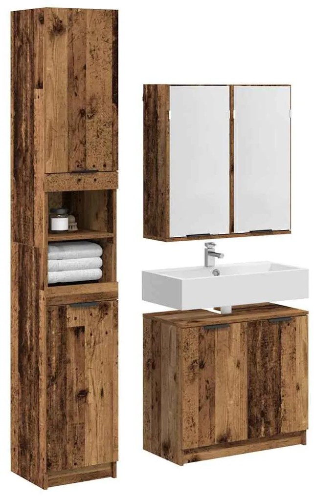 vidaXL Fürdőszobai Szekrény Szett polcokkal tárolóval Öreg fa Faanyag