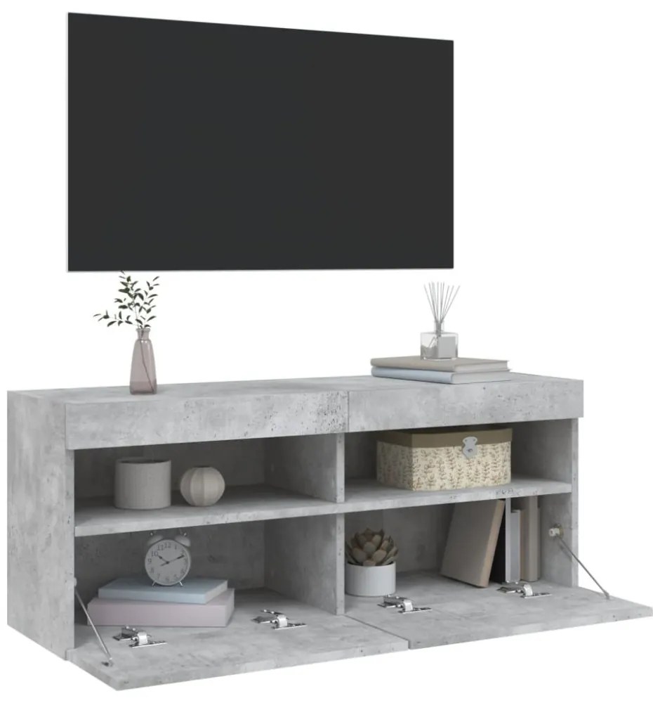 betonszürke falra szerelhető TV-szekrény LED-del 100x30x40 cm