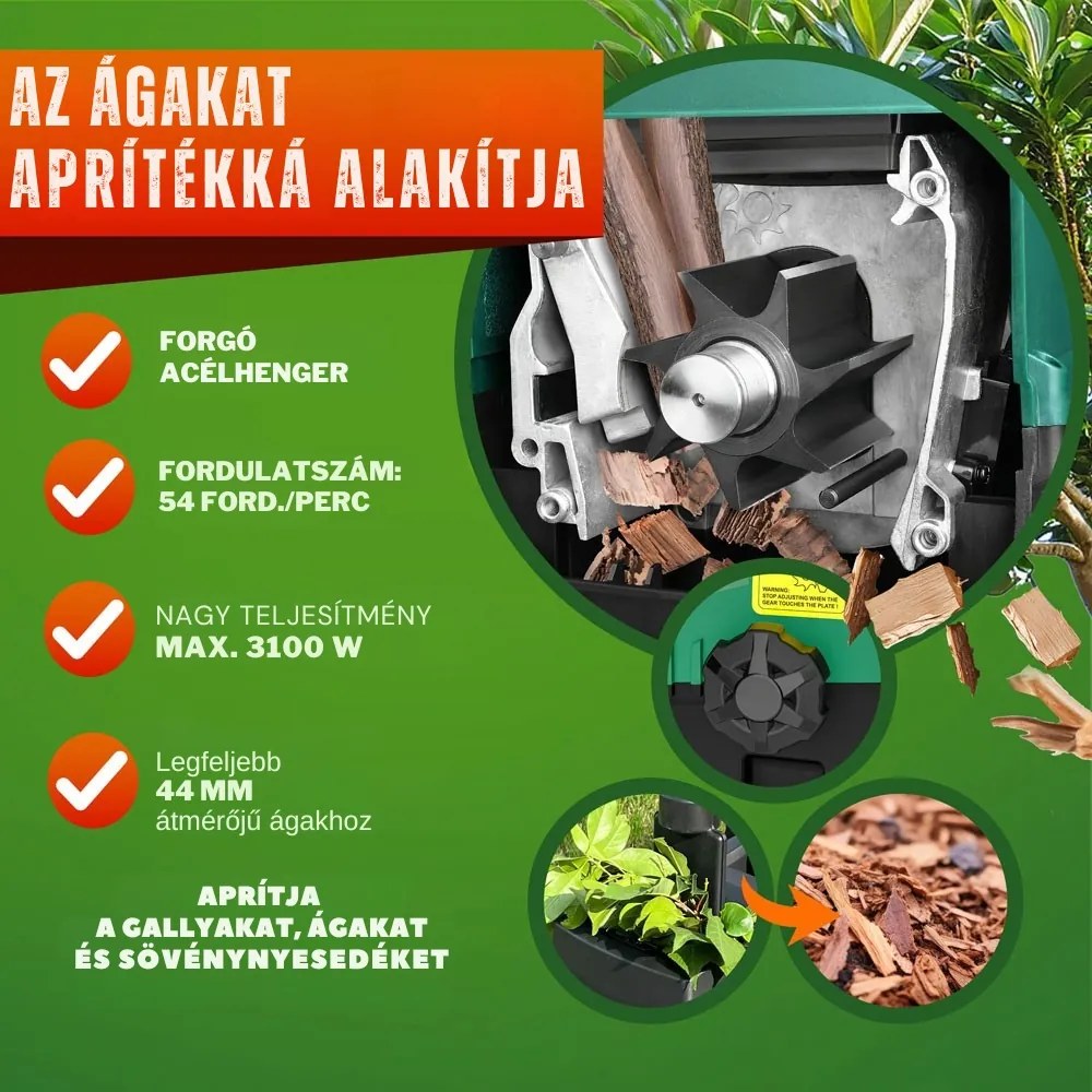DIOX kerti aprítógép/aprító+2x 60l zsák, 3100W fekete/zöld Gardebruk