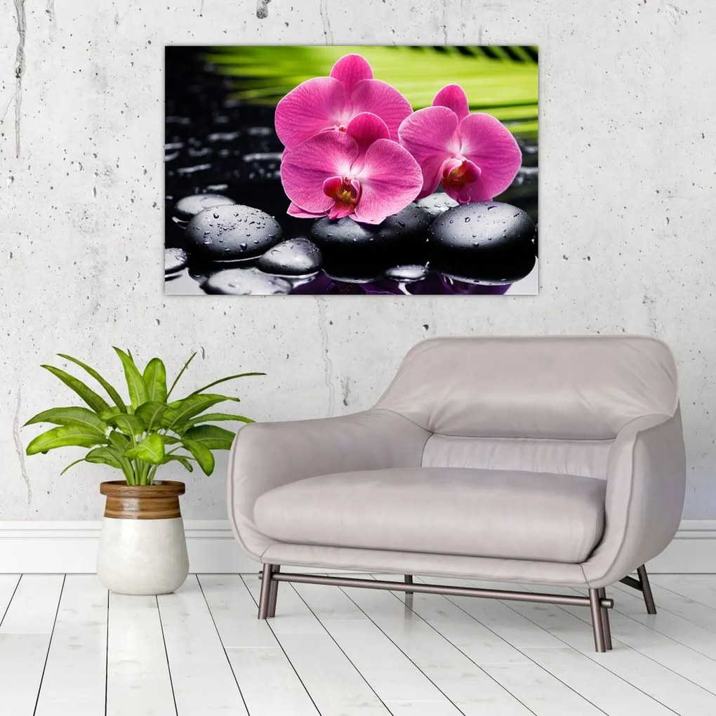 Kép - Rózsaszín orchidea pálmalevéllel (90x60 cm)