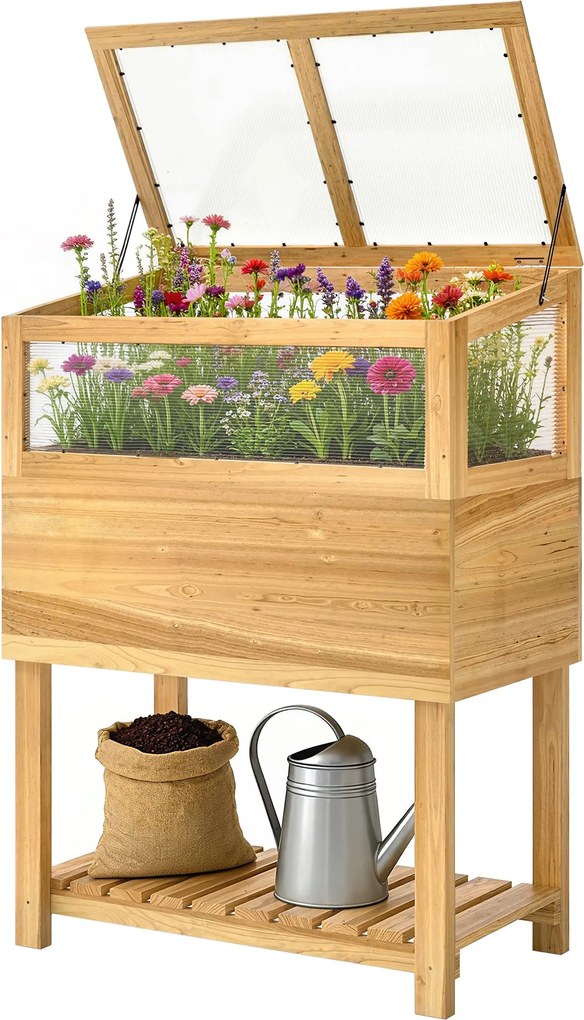 Outsunny emelt virágláda hidegkerettel – zsanéros fedél és tárolópolc, 80 x 45 x 108,5 cm | Aosom