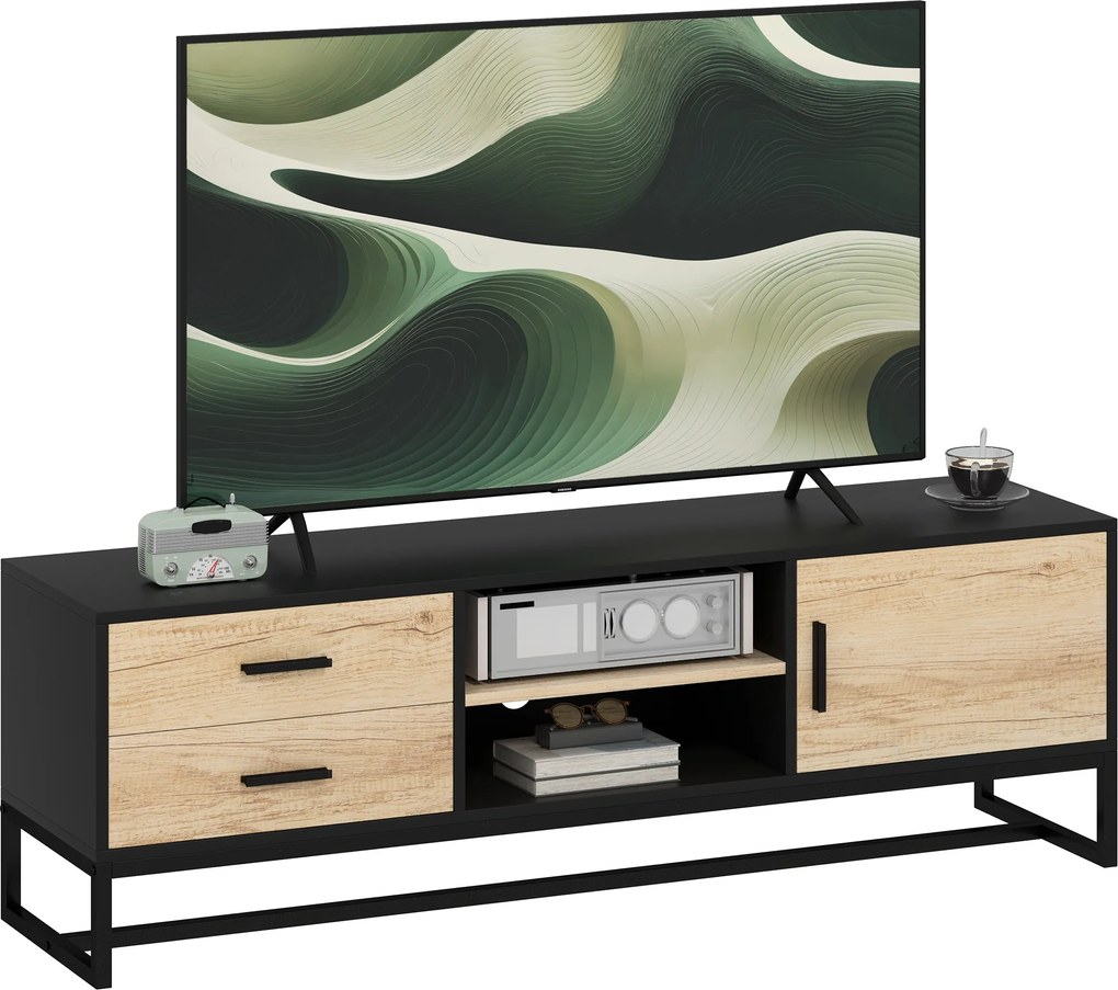 HOMCOM TV Szekrény, TV Állvány Cabinets, Fiókok, 2 Nyitott Rekesz, 140 cm Hosszú TV Állvány Kábeltartóval 60 Inch-ig a Nappalihoz Fekete 140x35x45cm |