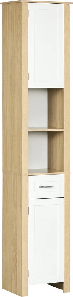 Kleankin Fürdőszobai Oszlop, Magas Chipboard Fürdőszobai Szekrény Fiókkal, 2 Szekrény és 2 Állítható Nyitott Polc, 37x30x184 cm, Fehér és Fa Szín | Ao