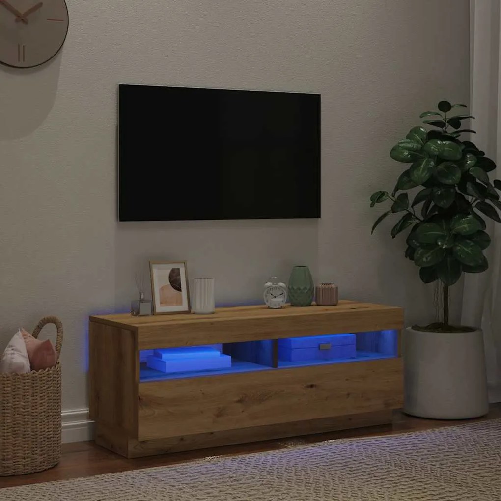 kézműves tölgy szerelt fa TV-szekrény LED-ekkel 100x35x40 cm