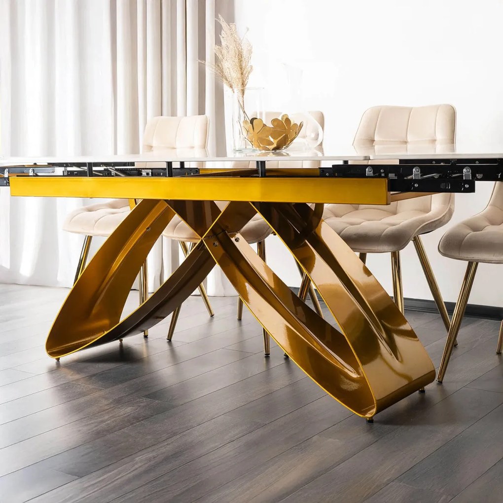 Kihúzható kerámia étkezőasztal 160–240 cm méretben, fekete márvány/arany színben LUIGI