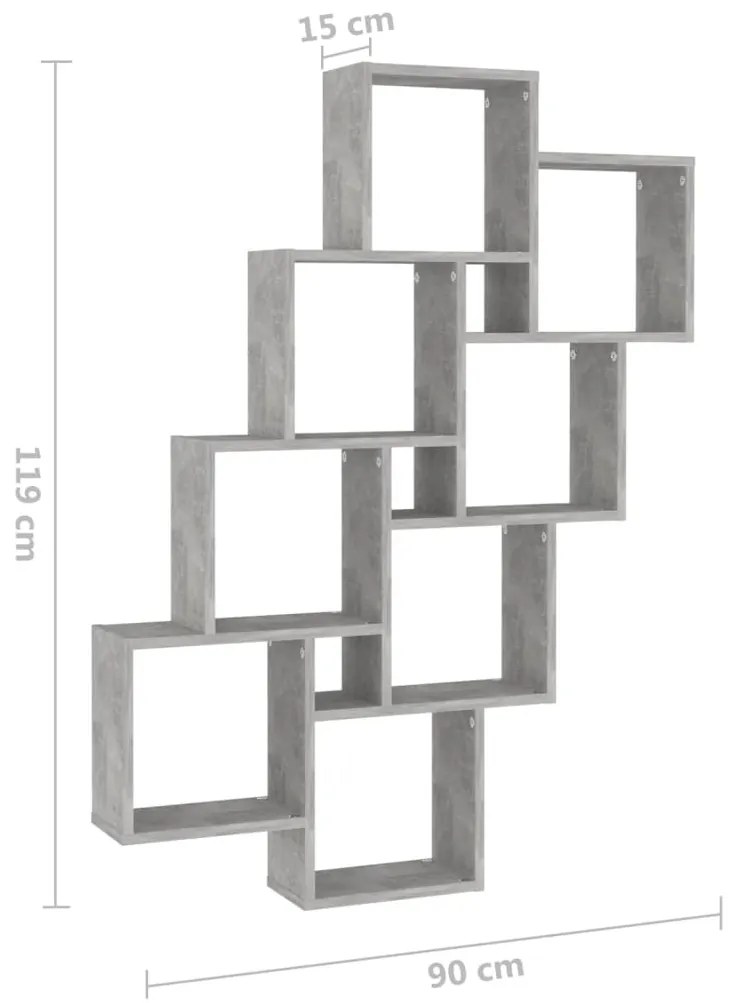 betonszürke szerelt fa négyszögű fali polc 90 x 15 x 119 cm