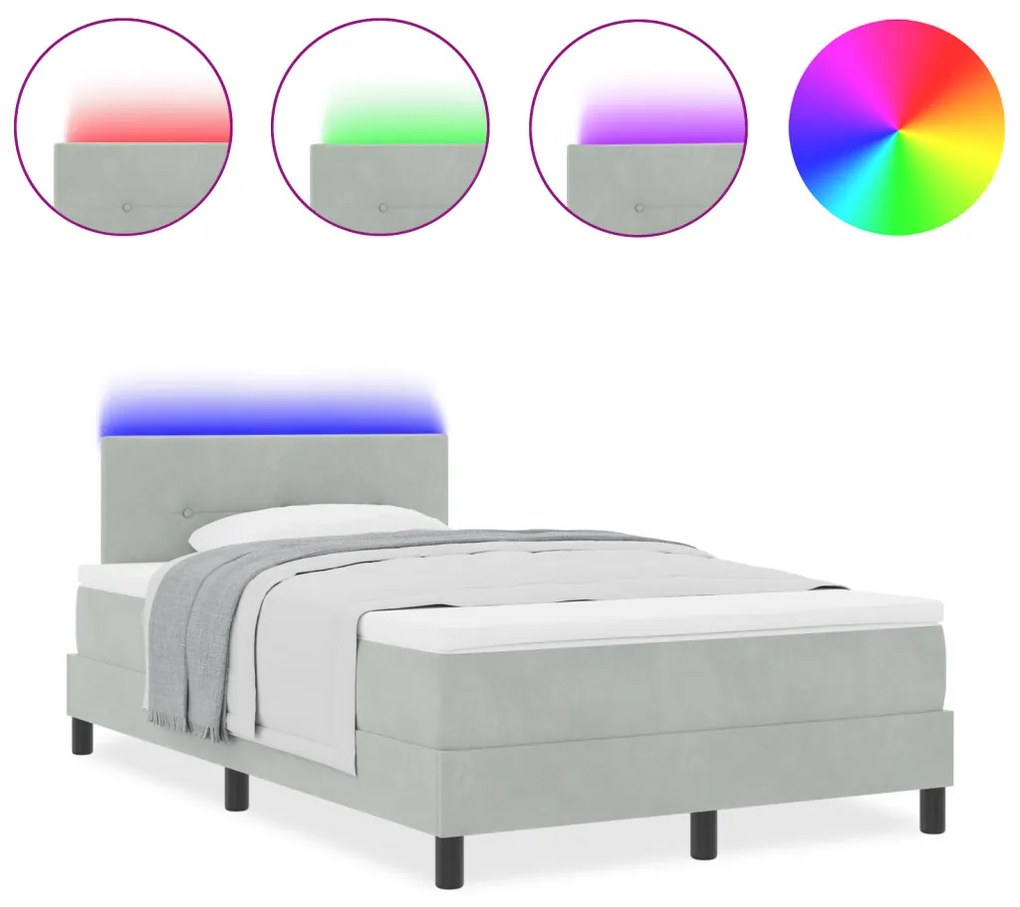 Box Spring Ágy Matraccal és LED Világosszürke 120x190 cm Bársony