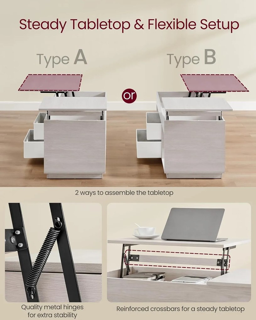 Dohányzóasztal, felemelhető asztallapos dohányzóasztal 2 fiókkal és rejtett rekesszel, bézs