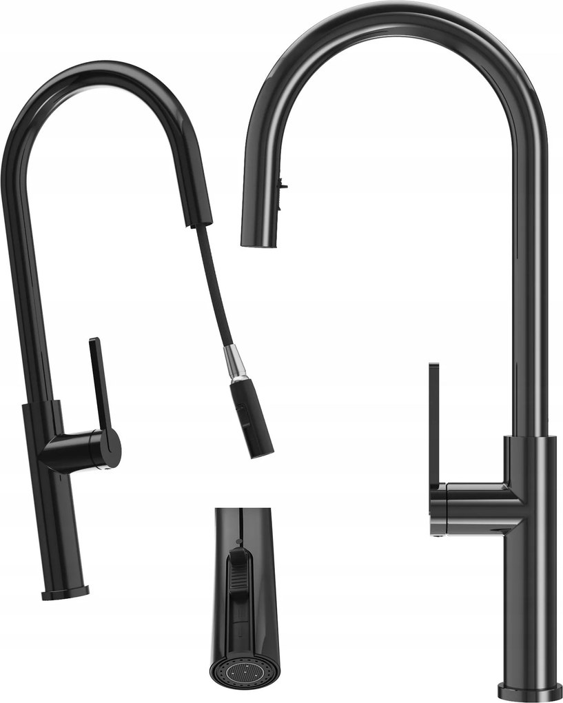 Konyhai Csaptelep Kihúzható Kifolyócsővel Fekete Prati Fényes Csaptelep