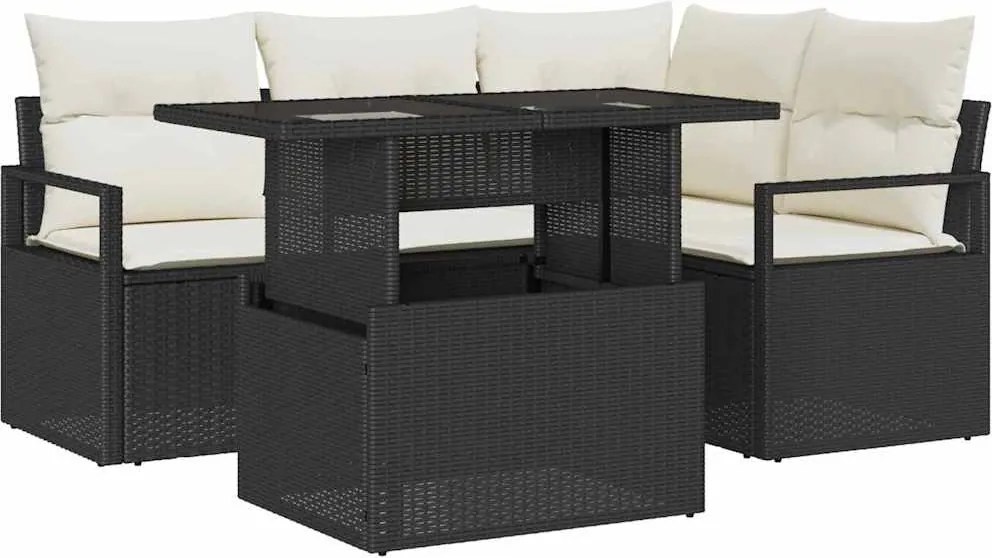 vidaXL Kerti Kanapé Szett tárolóval 5 pcs Fekete Poli rattan