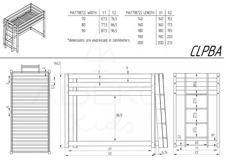 Magasított fenyőfa gyerekágy 70x160 cm CLPBA - Adeko