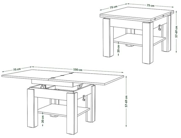 Átalakítható CALEB dohányzó/étkezőasztal emelhető lappal, tölgy craft/fekete