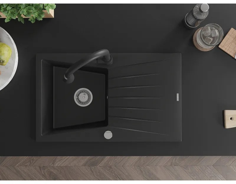 Mexen Cesar, 1 kamrás gránit mosogató 775x470x190 mm és Elia mosogató csaptelep, fekete, 6514-77-670101-70