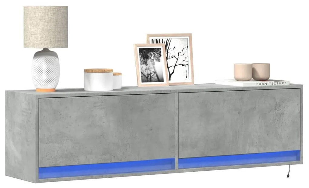 betonszürke falra szerelhető TV-szekrény LED-del 140x31x38 cm