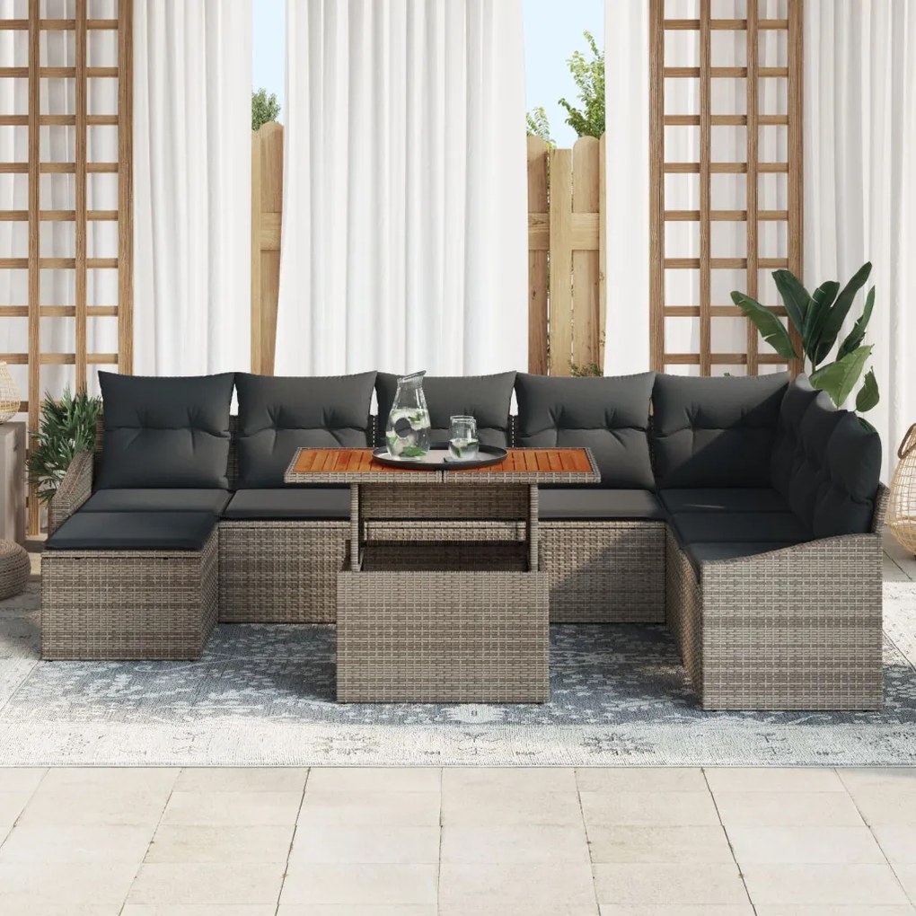 9 Darabos Kerti Étkező Szett Párnákkal Szürke Poly Rattan Akác