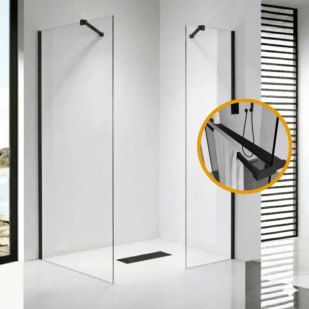 Stuxi Milano Easy Black Kombi Plus 1 Walk-in zuhanyfal, 130x90 cm, 8 mm vastag vízlepergető biztonsági üveggel, helytakarékos stabilizátorral, polccal