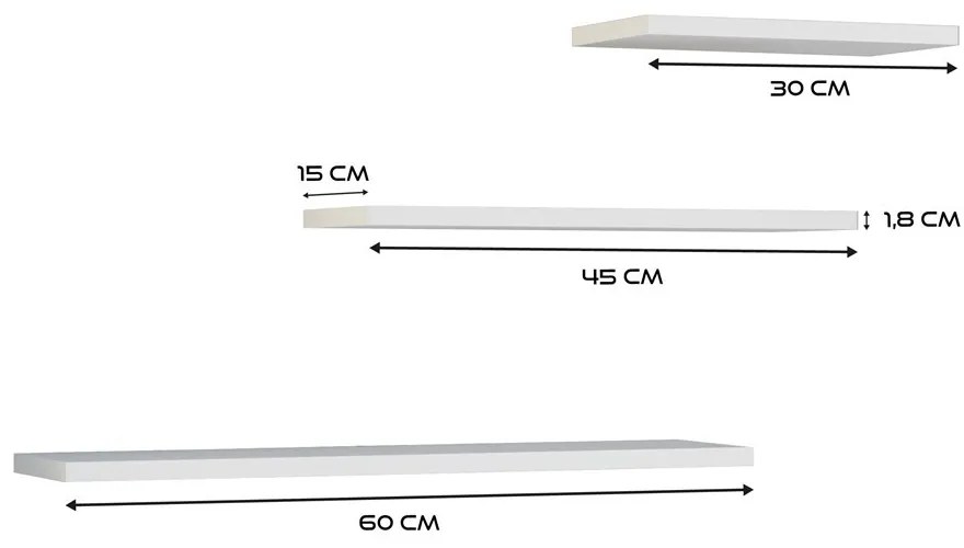 Drohmo Tobi 3P fali lebegőpolc (3db), 60/45/30x1,8x15 cm, fehér