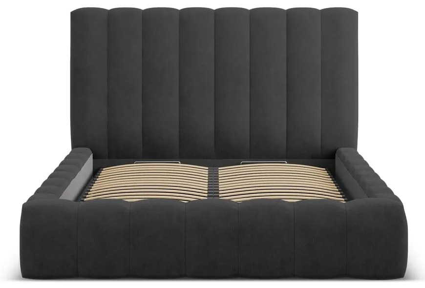 Antracitszürke kárpitozott ágyneműtartós franciaágy ágyráccsal 200x200 cm Kelp – Micadoni Home