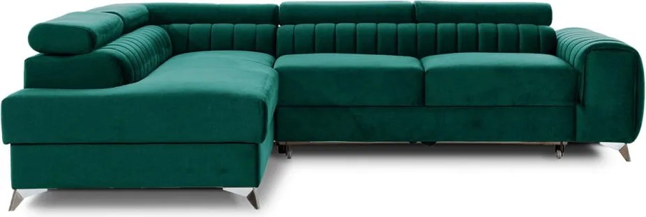 Zöld bársony kinyitható-tárolóhelyes sarokkanapé (bal oldali-L alakú) Laurence – ELTAP