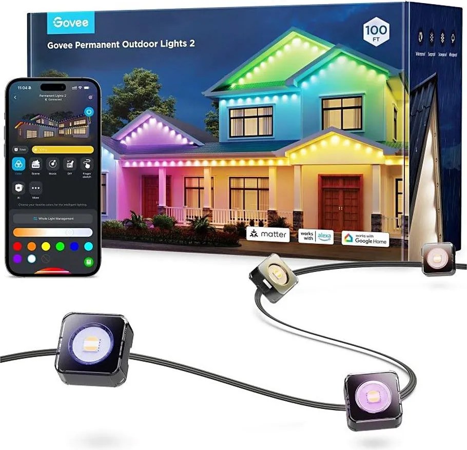 Govee - LED RGBIC füzér mennyezeti spotok 30m Wi-Fi Matter IP67