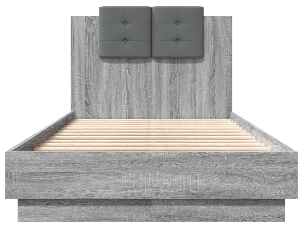 szürke sonoma színű ágykeret fejtámlával és LED-ekkel 75x190 cm
