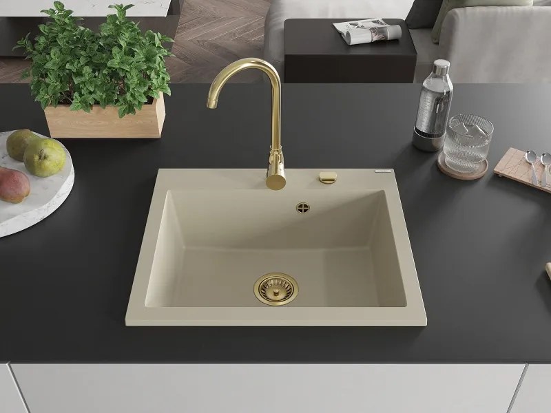 Mexen Elix gránit mosogató 1-medencés 600 x 500 mm, bézs, arany szifon - 6525601005-69-G