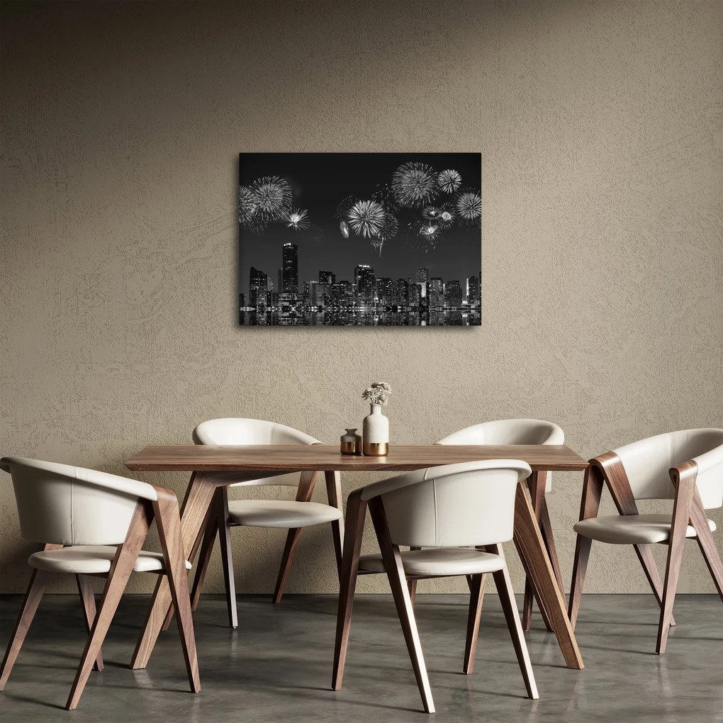 Kép - tűzijáték Miamiban, fekete és fehér (70x50 cm)
