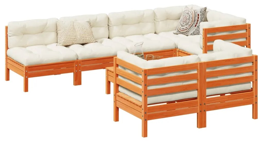 vidaXL 8 részes viaszbarna tömör fenyőfa kerti kanapészett párnákkal