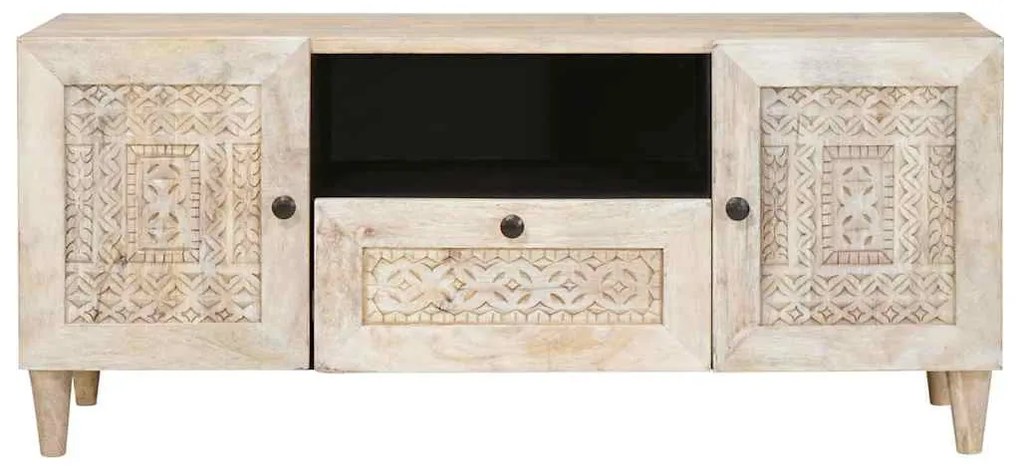 TV szekrény fiókkal Fehér 105 x 33 x 46 cm tömör mangófa