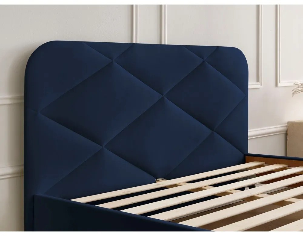 Sötétkék kárpitozott franciaágy ágyráccsal 140x190 cm Prune – Bobochic Paris