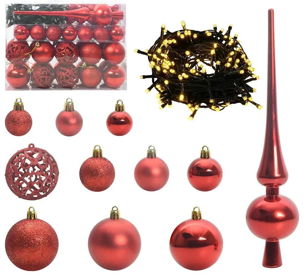 Karácsonyi Díszgömb Készlet 150 LED-del 61 pcs Piros Műanyag