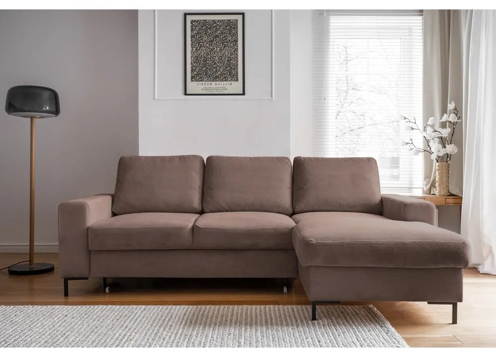 Barna kordbársony kinyitható sarokkanapé (jobb oldali) Lofty Lilly – Miuform