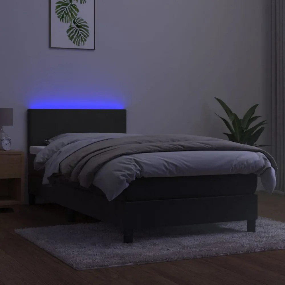 sötétszürke bársony rugós és LED-es ágy matraccal 80 x 200 cm