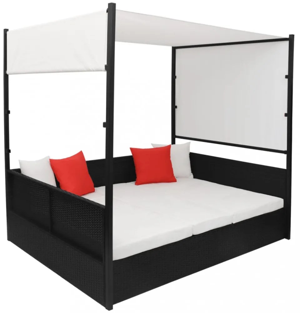 fekete polyrattan napellenzős kerti ágy 190 x 130 cm
