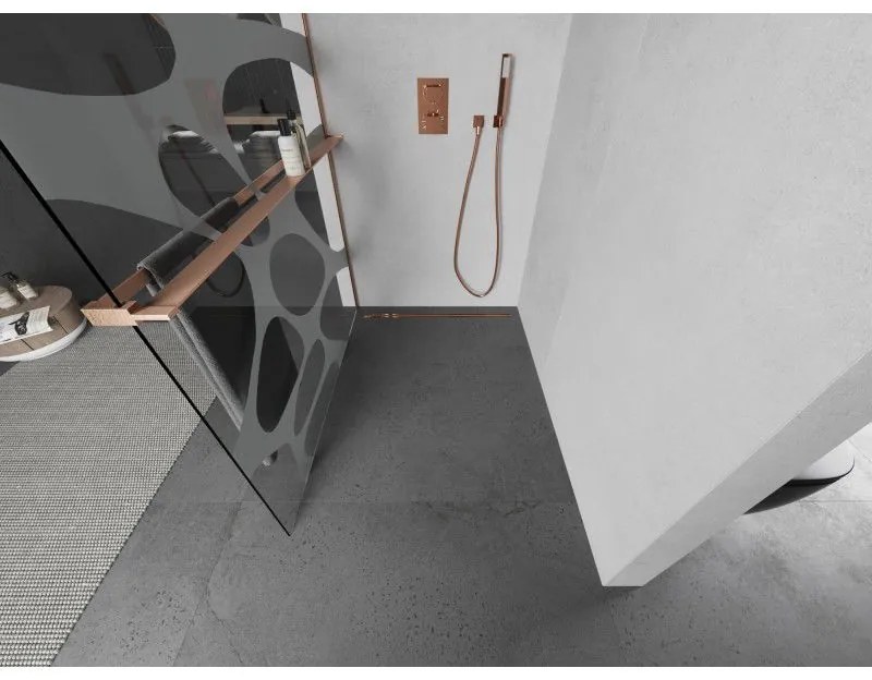 Mexen Kioto+, Walk-In zuhanyparaván polccal és akasztóval 70 x 200 cm, 8 mm átlátszó üveg fehér mintás, réz matt profil, 800-070-121-65-97