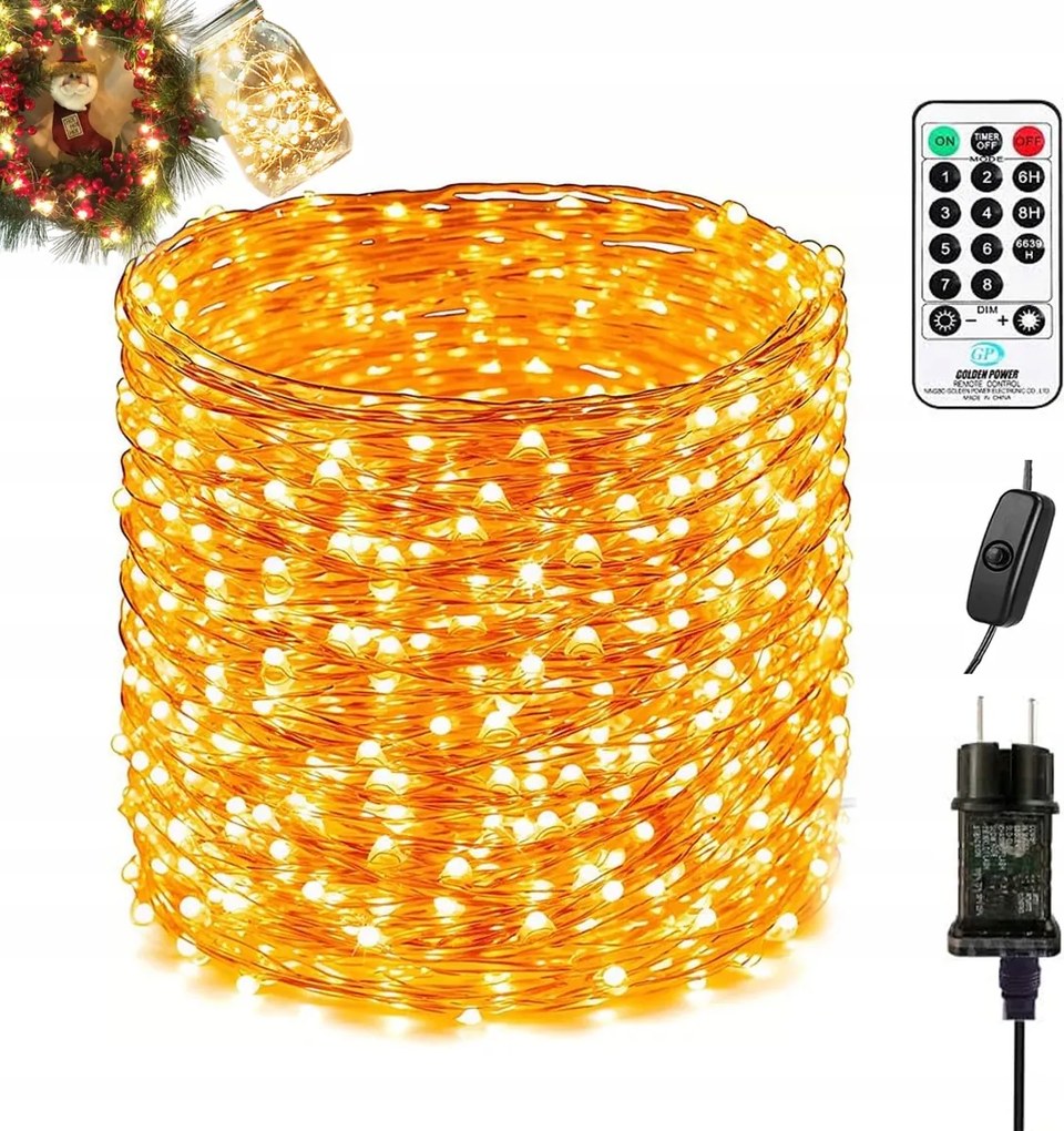 Karácsonyfa lámpák, meleg fehér fény, 100 Led, vízálló.